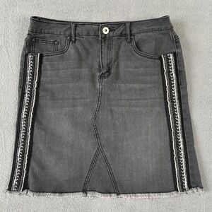 Baccini Black Wash Denim Skirt 6 Distressed Beaded Side Trim Y2K Soft Grunge